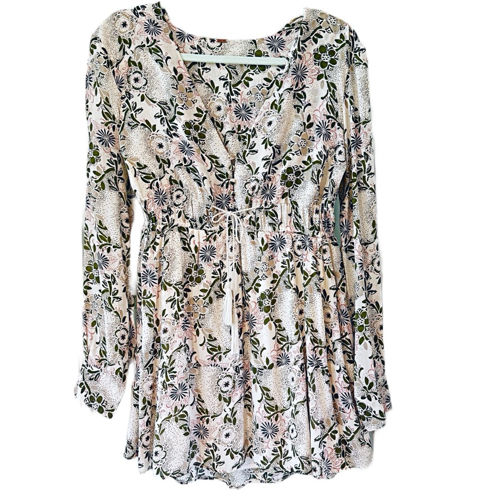 Free People Bohemian Floral Mini Dress Tunic Long Slv Green & Pink Ivory Sz M